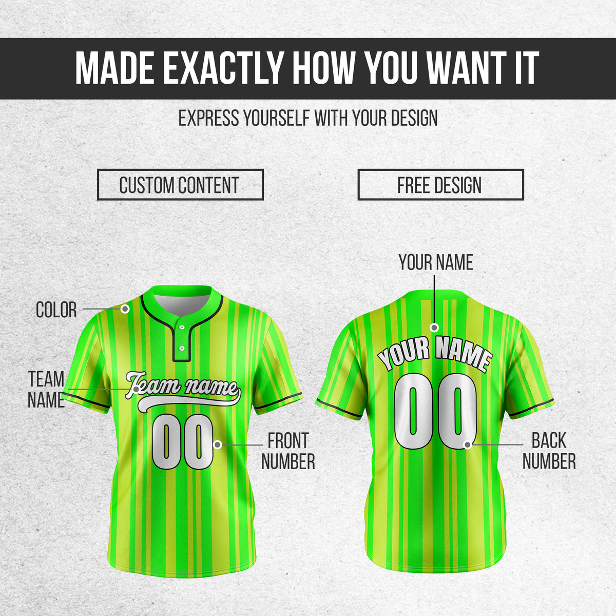 Custom Stripe Fusion Neon Green Baseball Sports Jersey Personalized Uniform with Name & Number