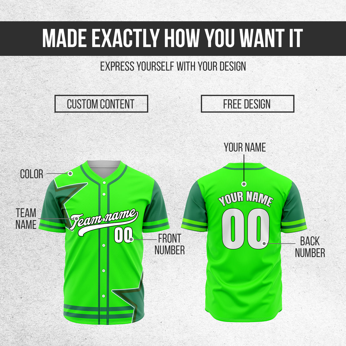 Custom Star Classic Baseball Neon Green Sports Jersey Personalized Uniform with Name & Number