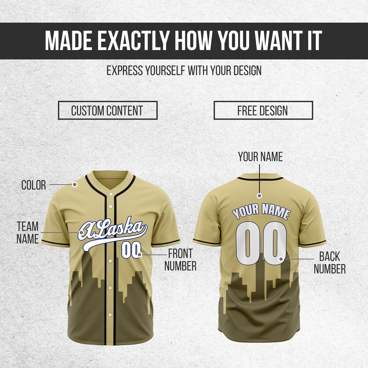 Custom City Horizon Khaki Baseball Sports Jersey Personalized Uniform with Name & Number