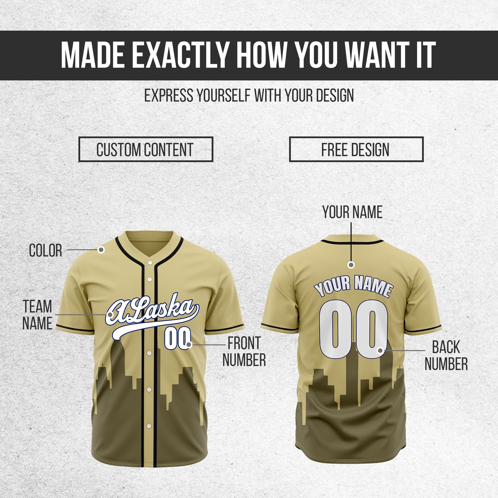 Custom City Horizon Khaki Baseball Sports Jersey Personalized Uniform with Name & Number