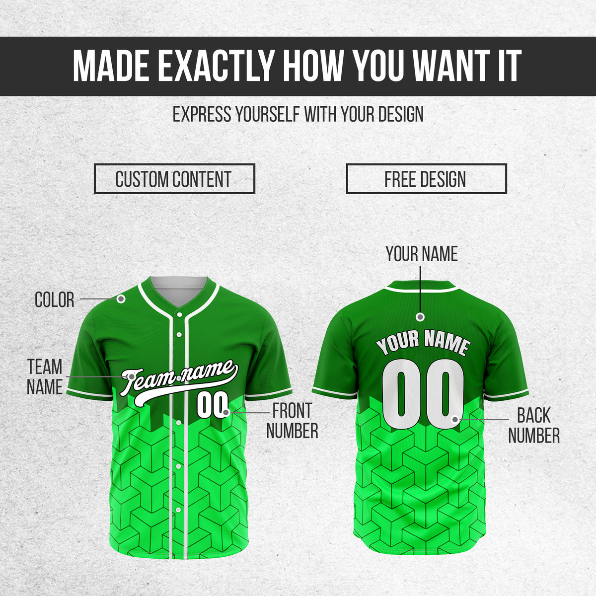 Custom Grid Iron Green Baseball Sports Jersey Personalized Uniform with Name & Number