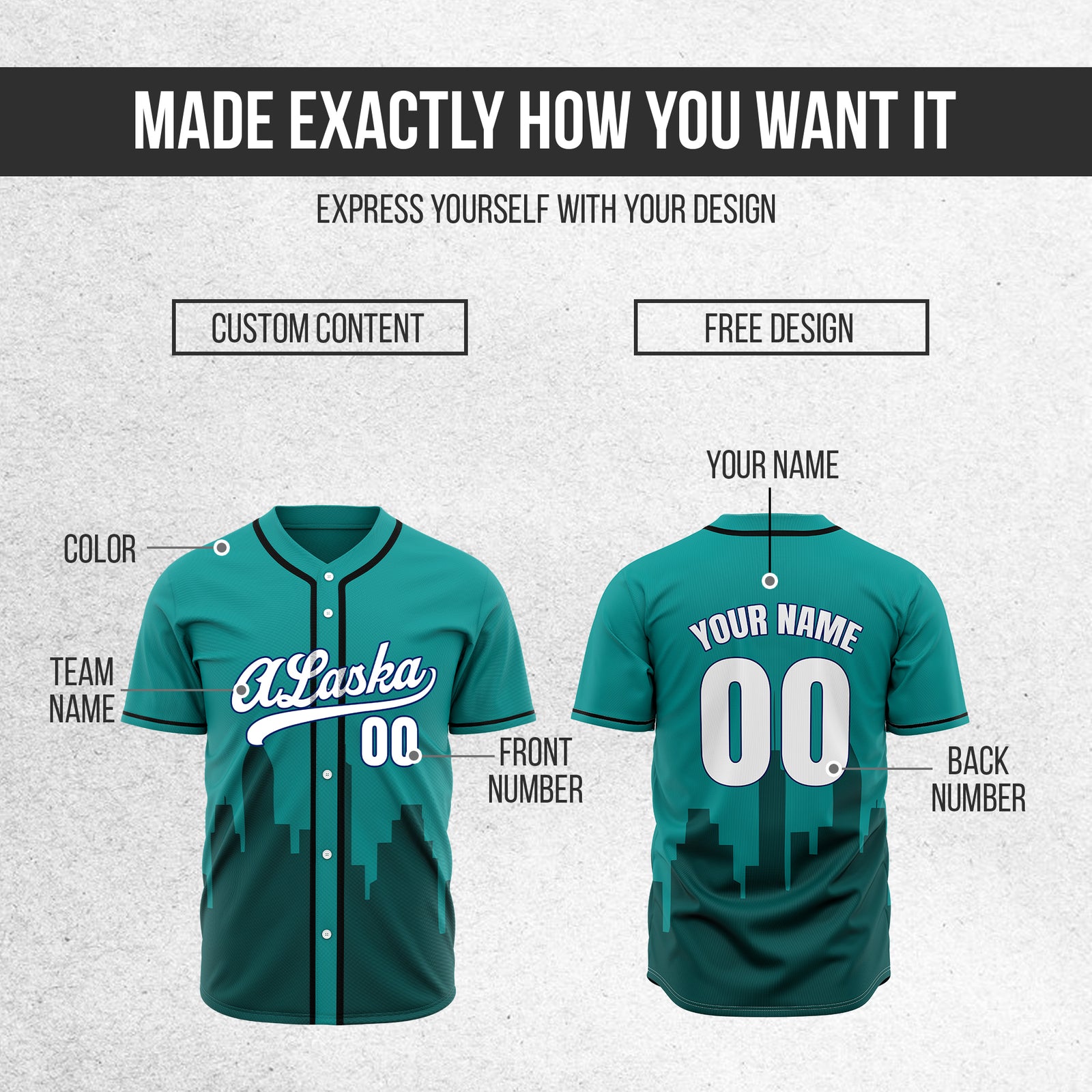 Custom City Horizon Teal Baseball Sports Jersey Personalized Uniform with Name & Number