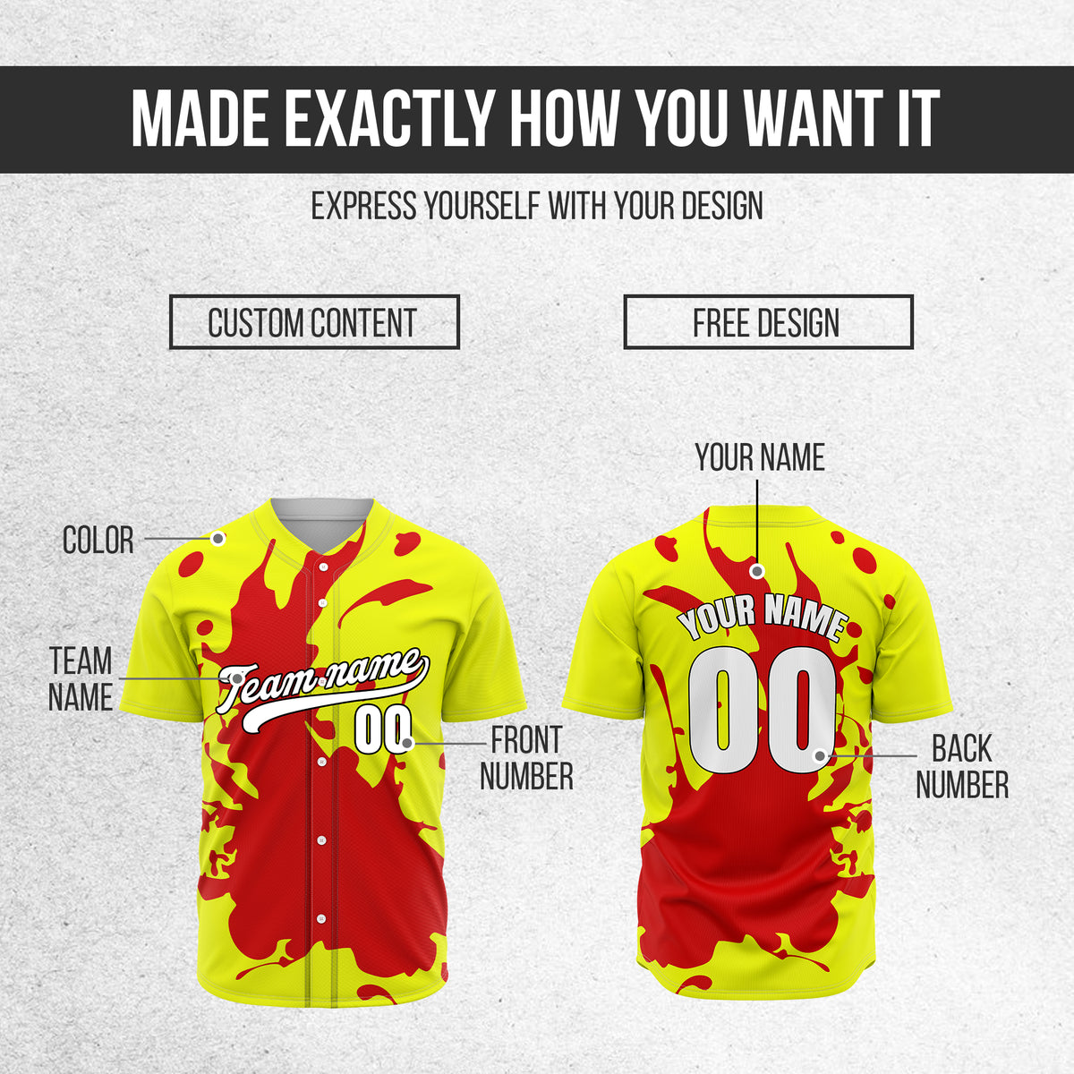 Custom Ink Splash Yellow Baseball Sports Jersey Personalized Uniform with Name & Number
