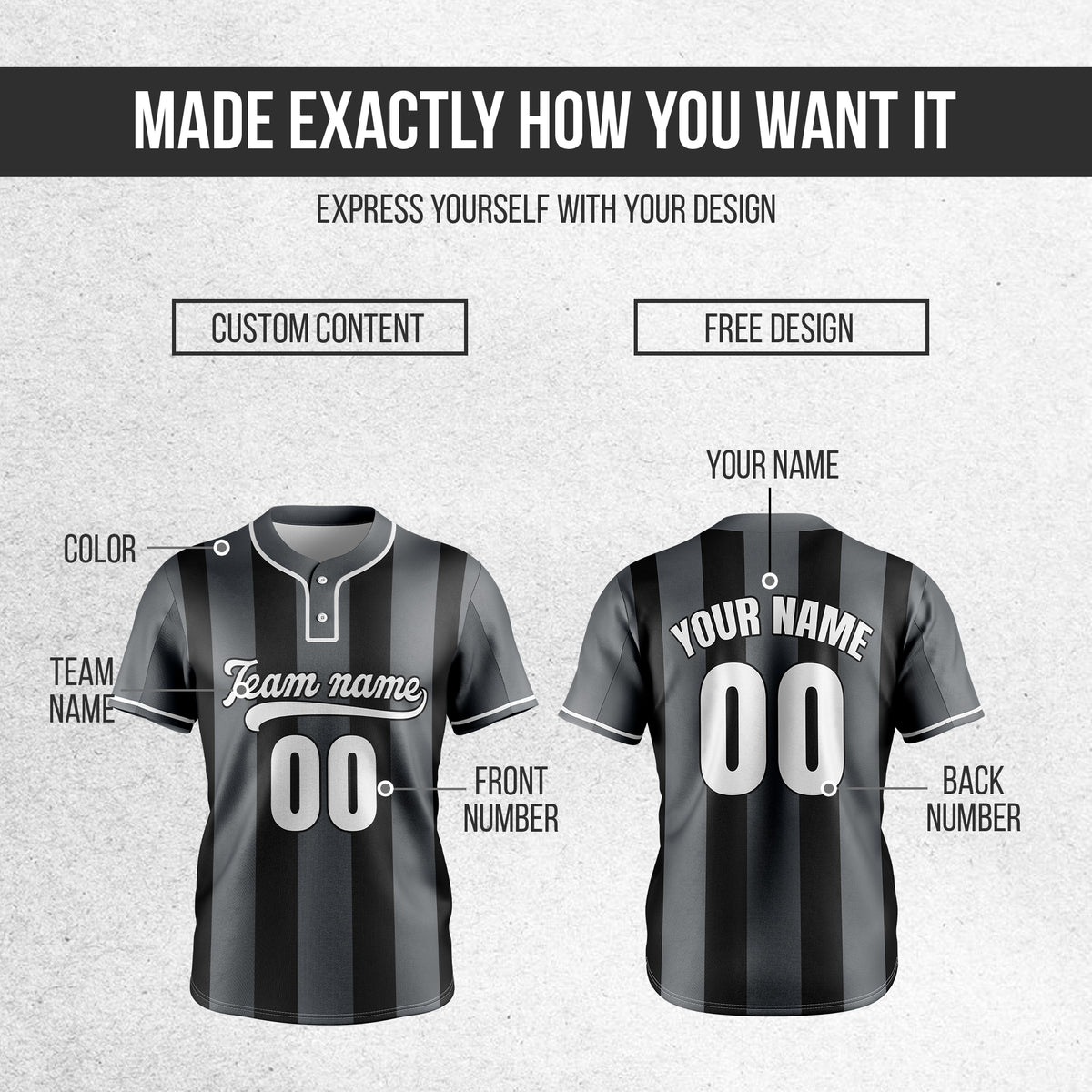 Custom Dual Stripe Dark Grey Baseball Sports Jersey Personalized Uniform with Name & Number