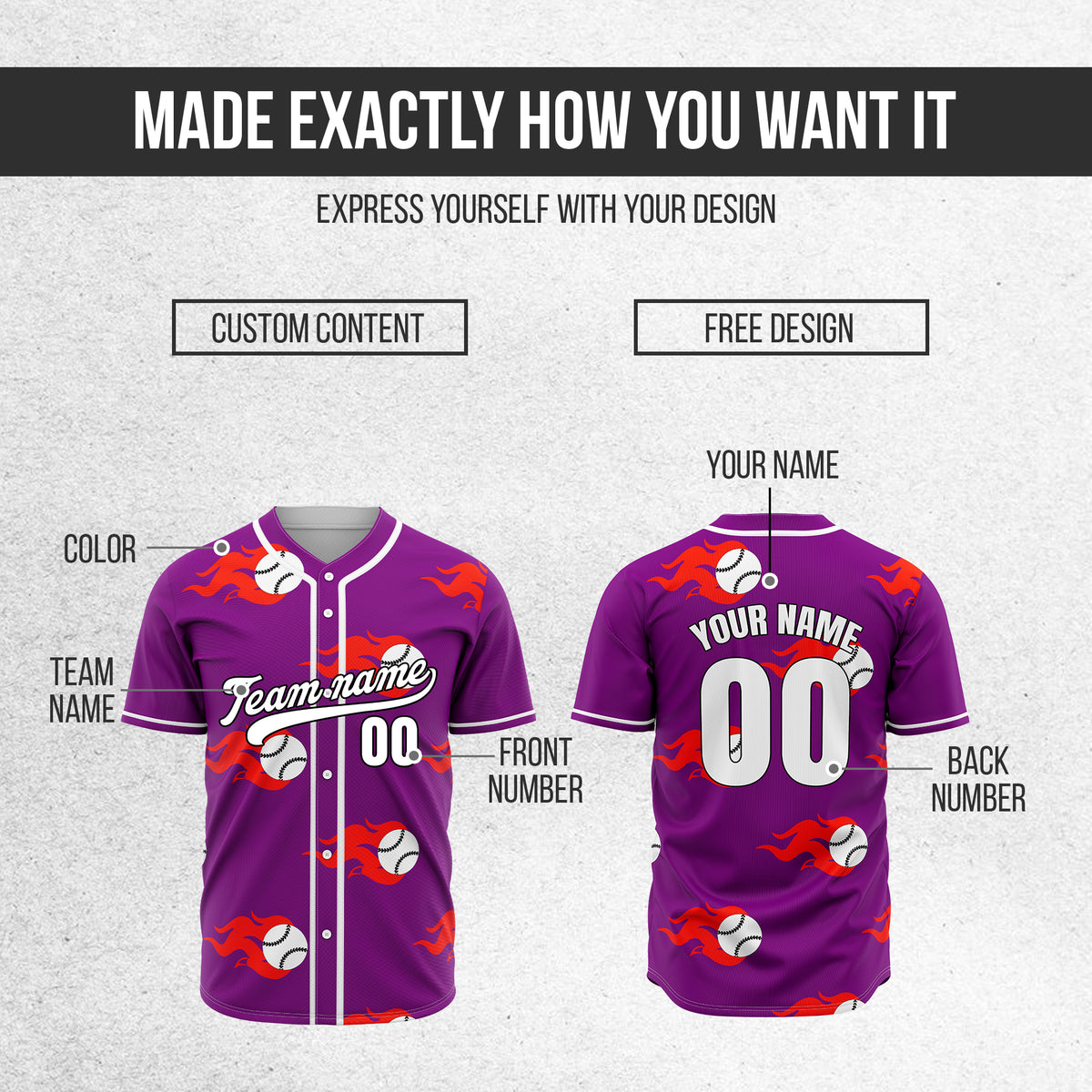 Custom Fireballers Purple Baseball Sports Jersey Personalized Uniform with Name & Number