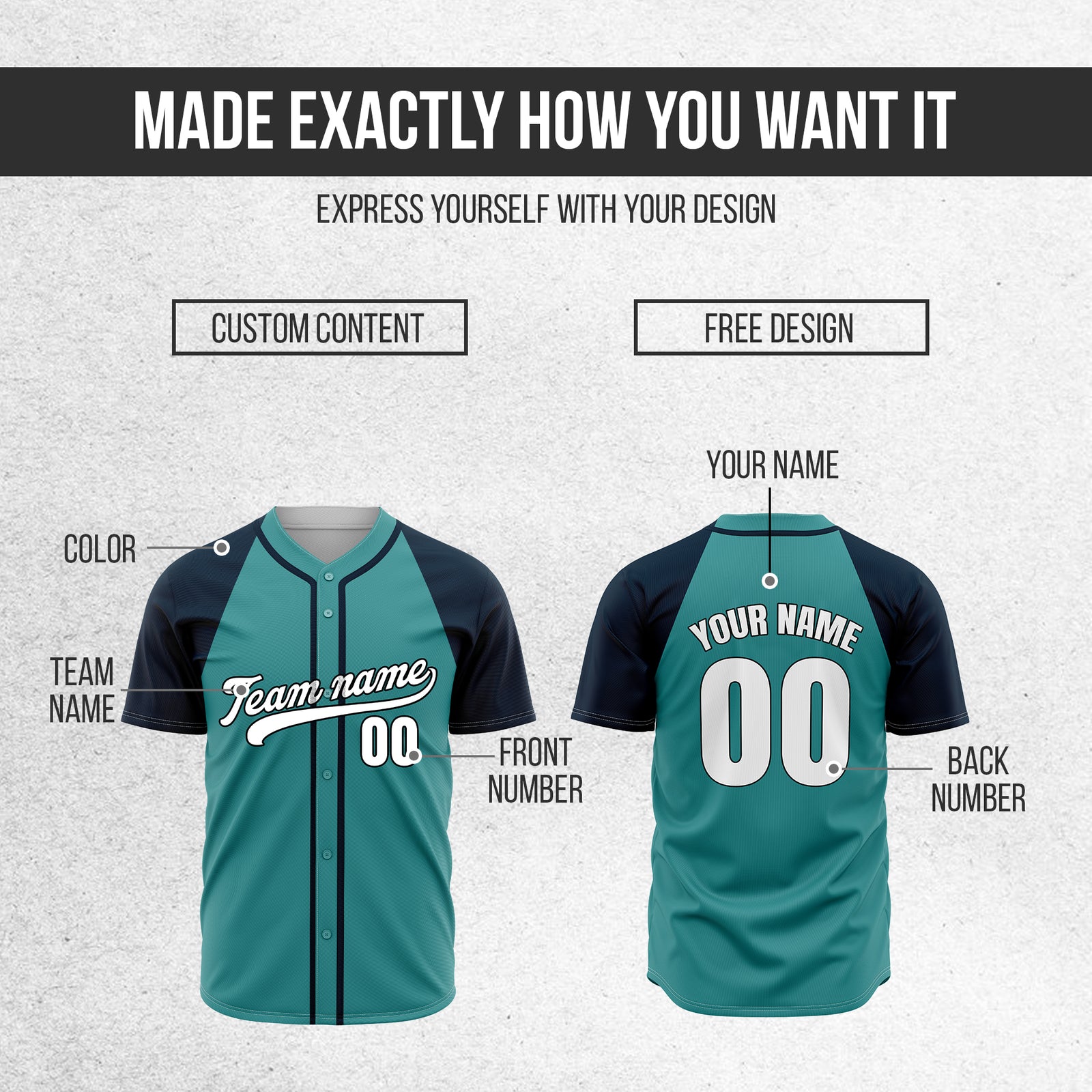 Custom Baseline Baseball Teal Sports Jersey Personalized Uniform with Name & Number