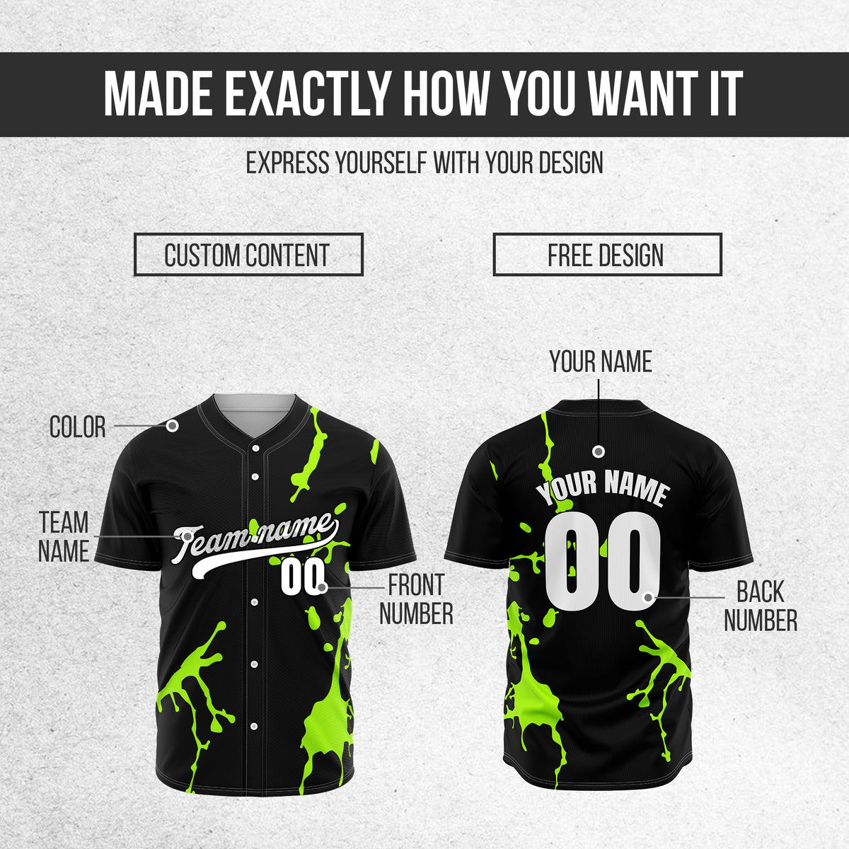 Custom Ink Paint Pop Black Baseball Sports Jersey Personalized Uniform with Name & Number