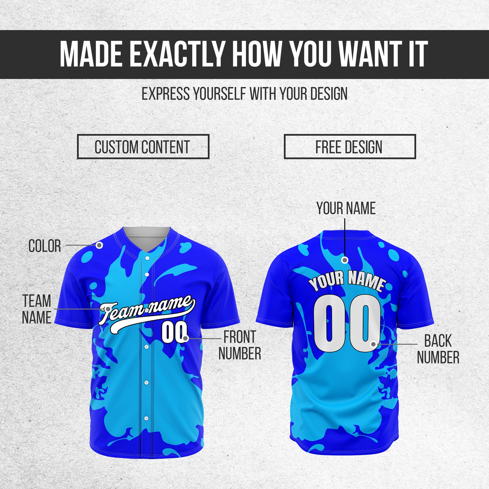 Custom Ink Splash Blue Baseball Sports Jersey Personalized Uniform with Name & Number