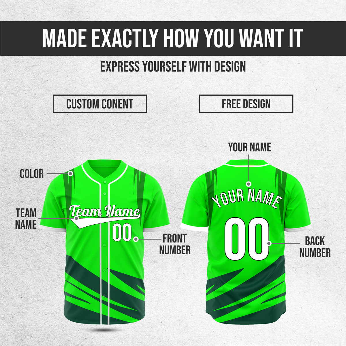 Custom Curve Edge Baseball Green Sports Jersey Personalized Uniform with Name & Number