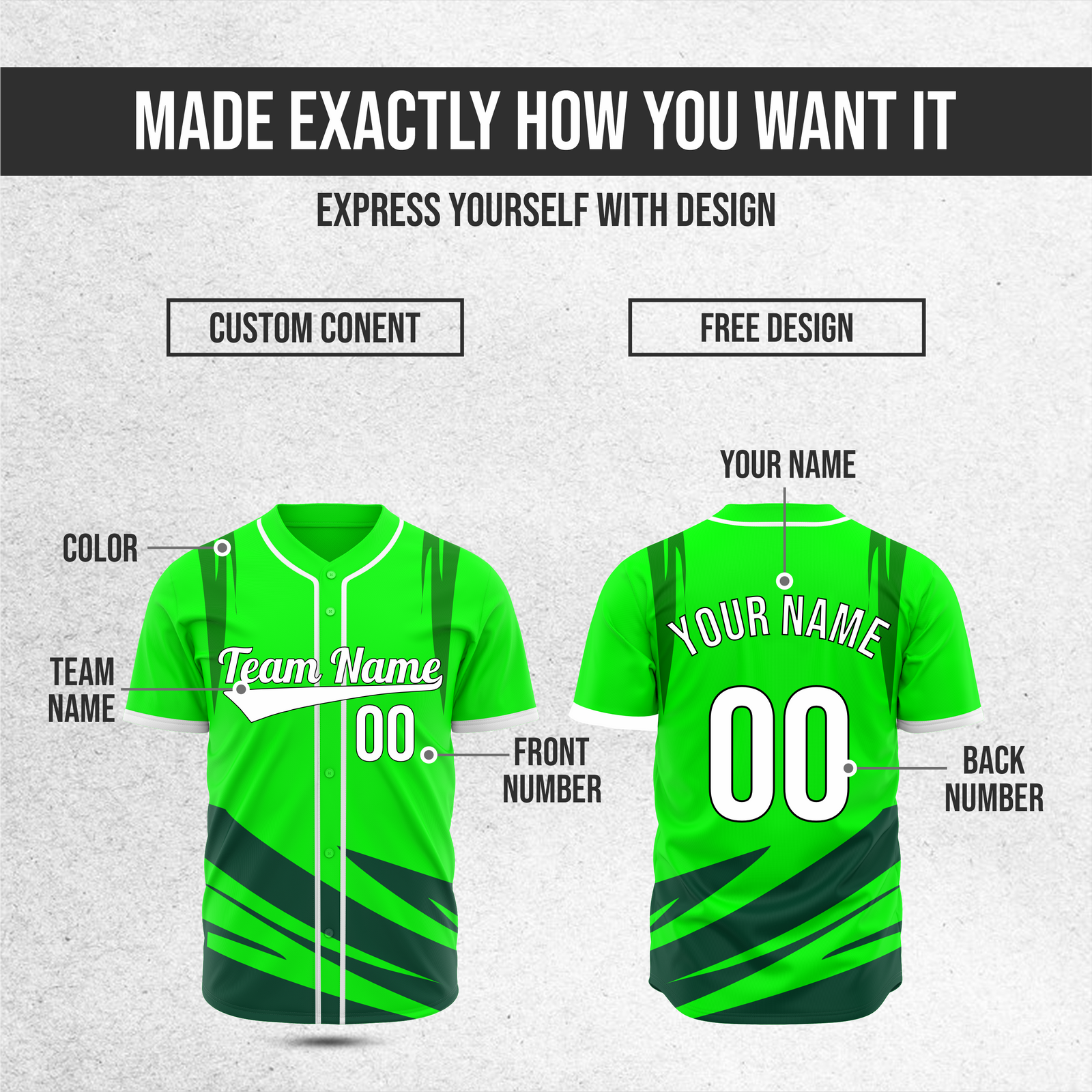 Custom Curve Edge Baseball Green Sports Jersey Personalized Uniform with Name & Number