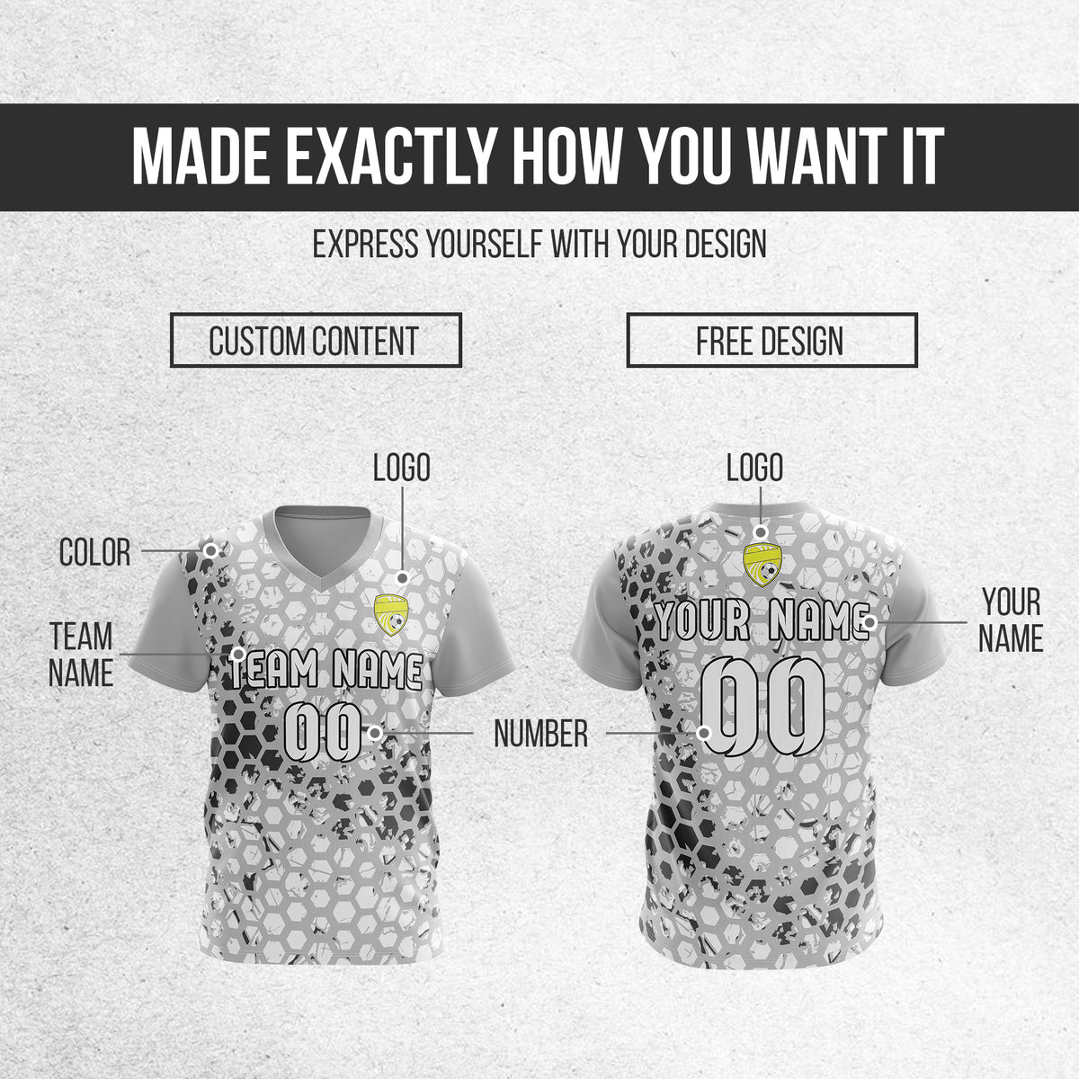 Custom Hex V-Full Pattern Grey Soccer sport Tops Jersey