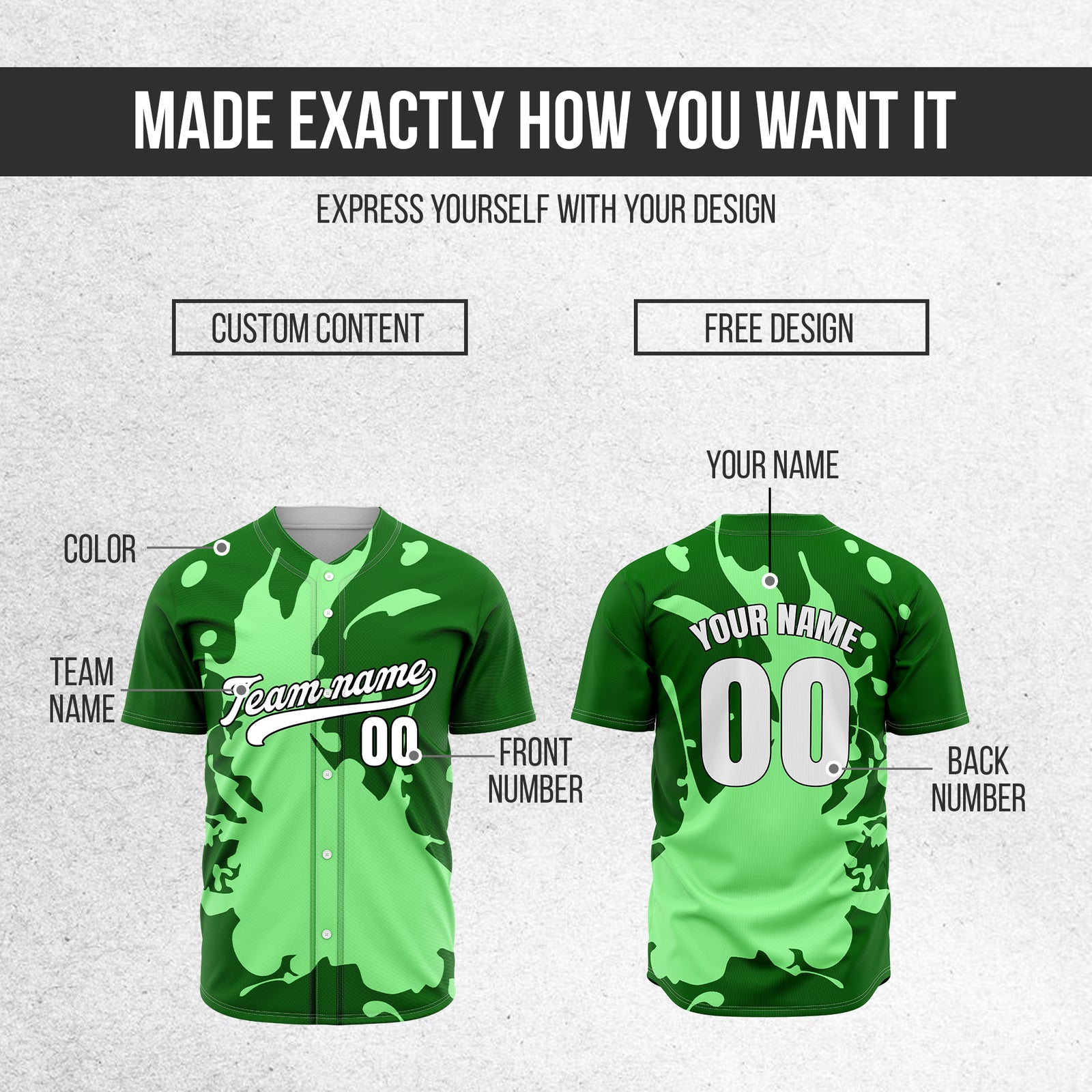 Custom Ink Splash Green Baseball Sports Jersey Personalized Uniform with Name & Number