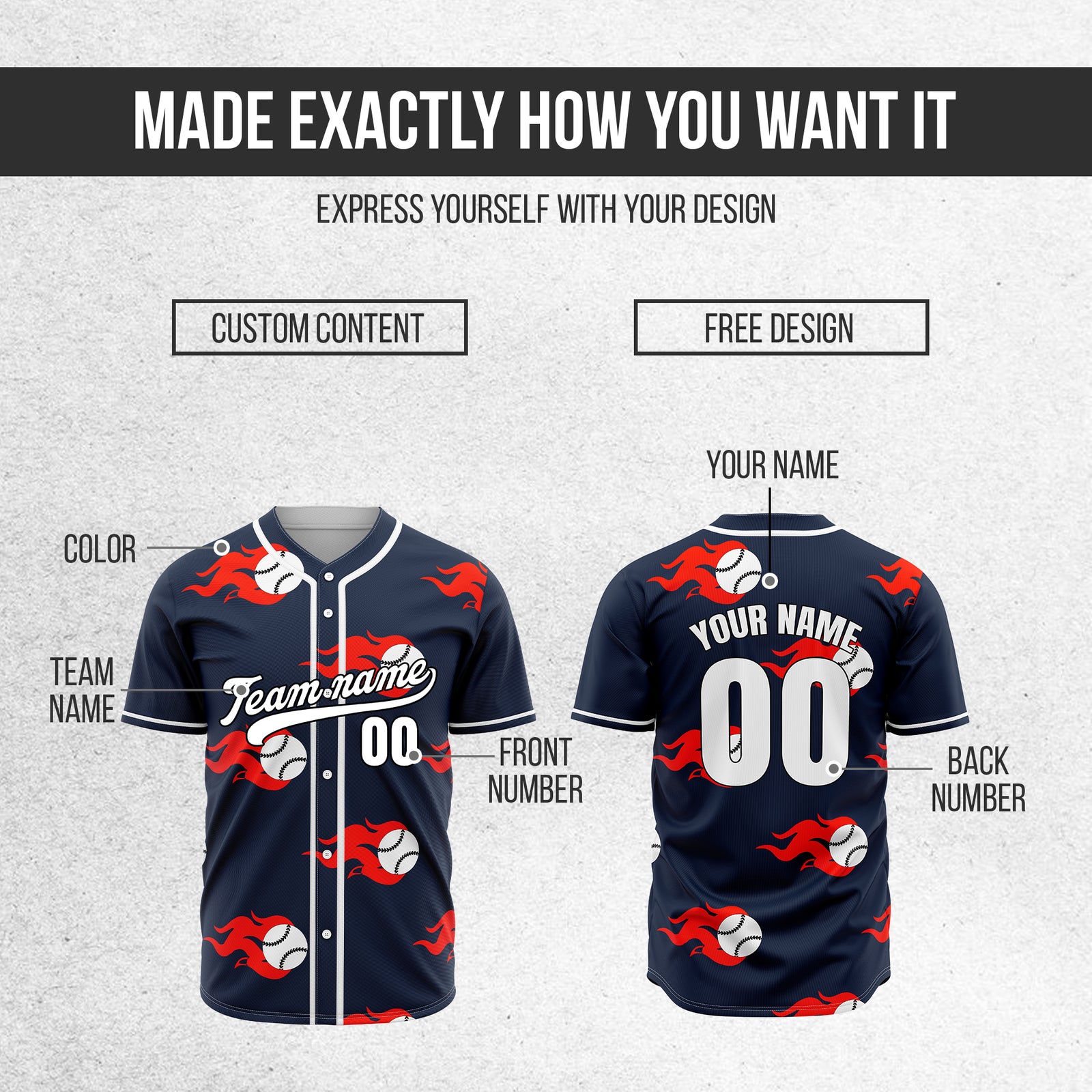 Custom Fireballers Navy Baseball Sports Jersey Personalized Uniform with Name & Number