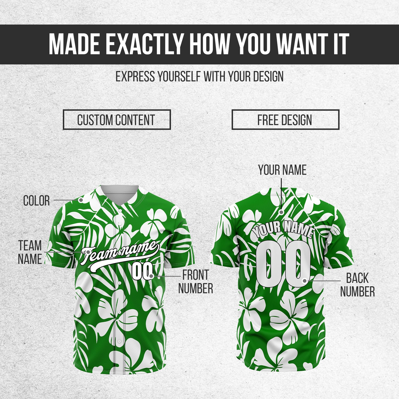 Custom Hawaiian Green Baseball Sports Jersey Personalized Uniform with Name & Number