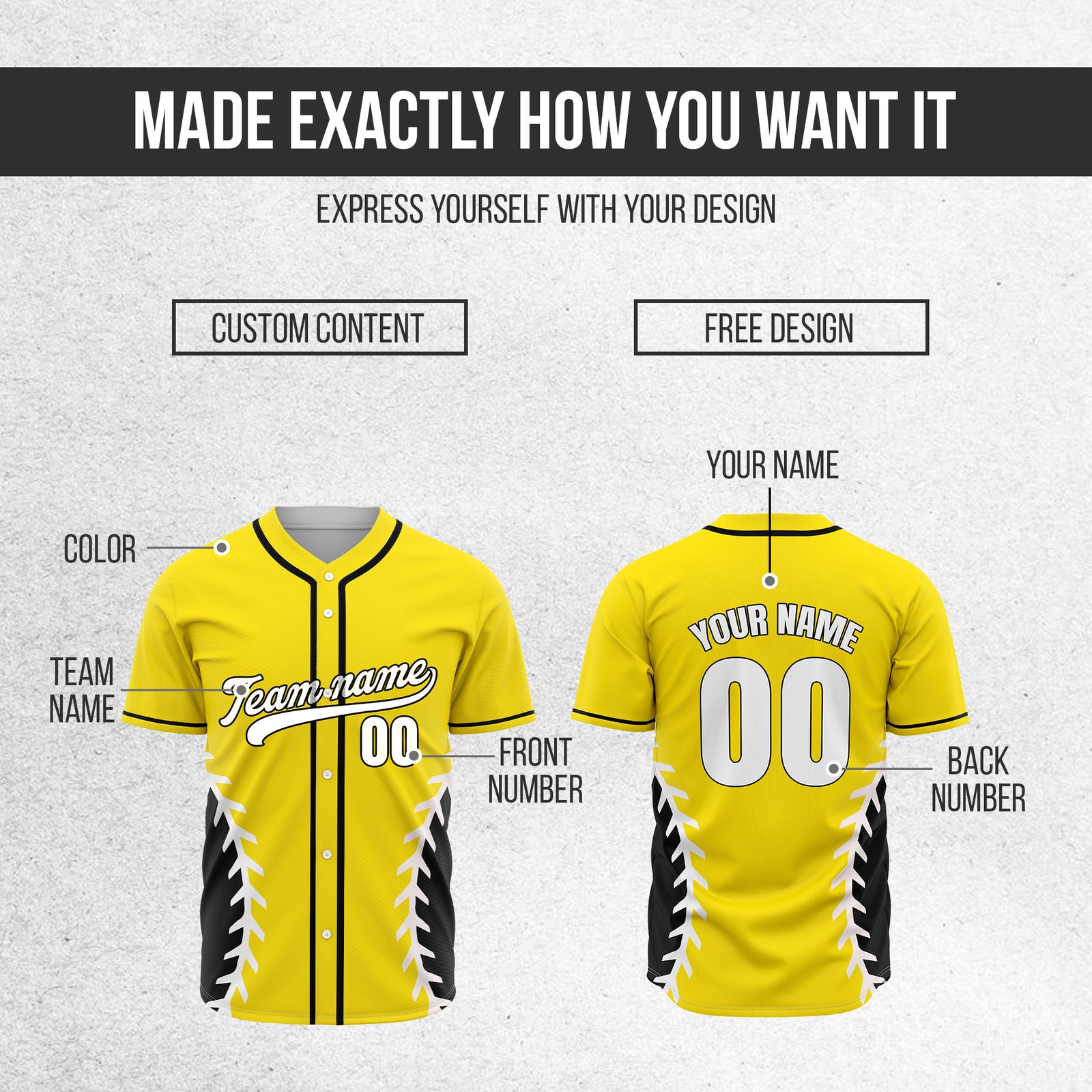 Custom Stitchline Baseball Yellow Sports Jersey Personalized Uniform with Name & Number