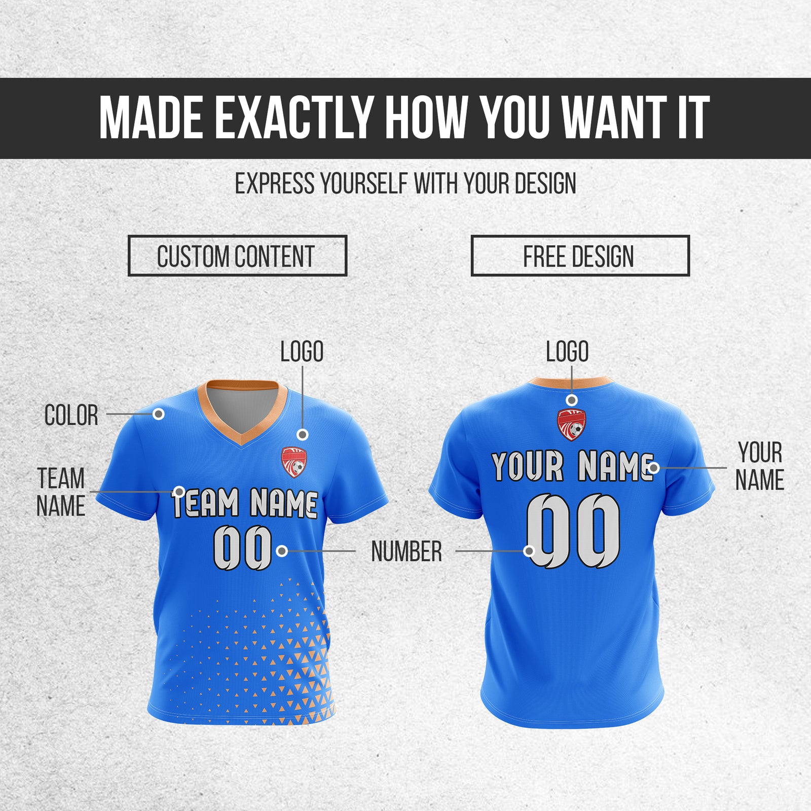 Custom Tri-Edge V-Side Pattern Blue Soccer sport Tops Jersey
