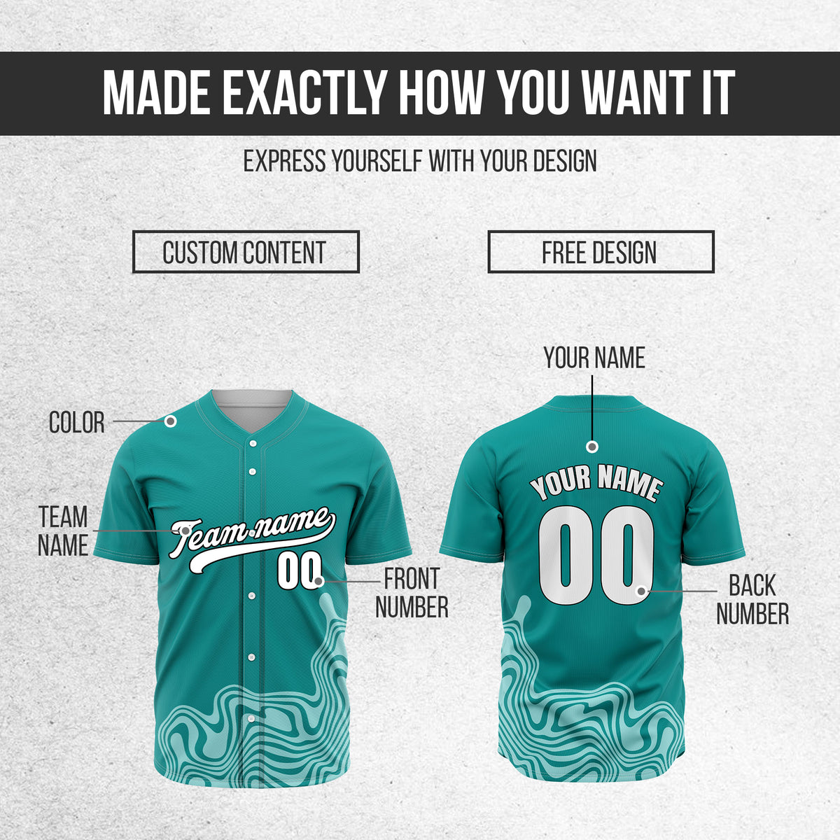 Custom Wave Teal Baseball Sport Jersey Personalized Uniform with Name & Number