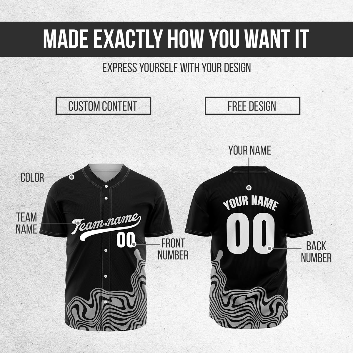 Custom Wave Black Baseball Sport Jersey Personalized Uniform with Name & Number