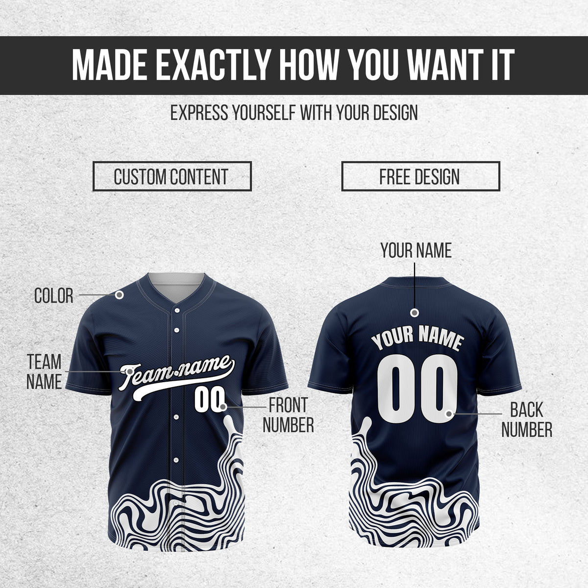 Custom Wave Navy Baseball Sport Jersey Personalized Uniform with Name & Number