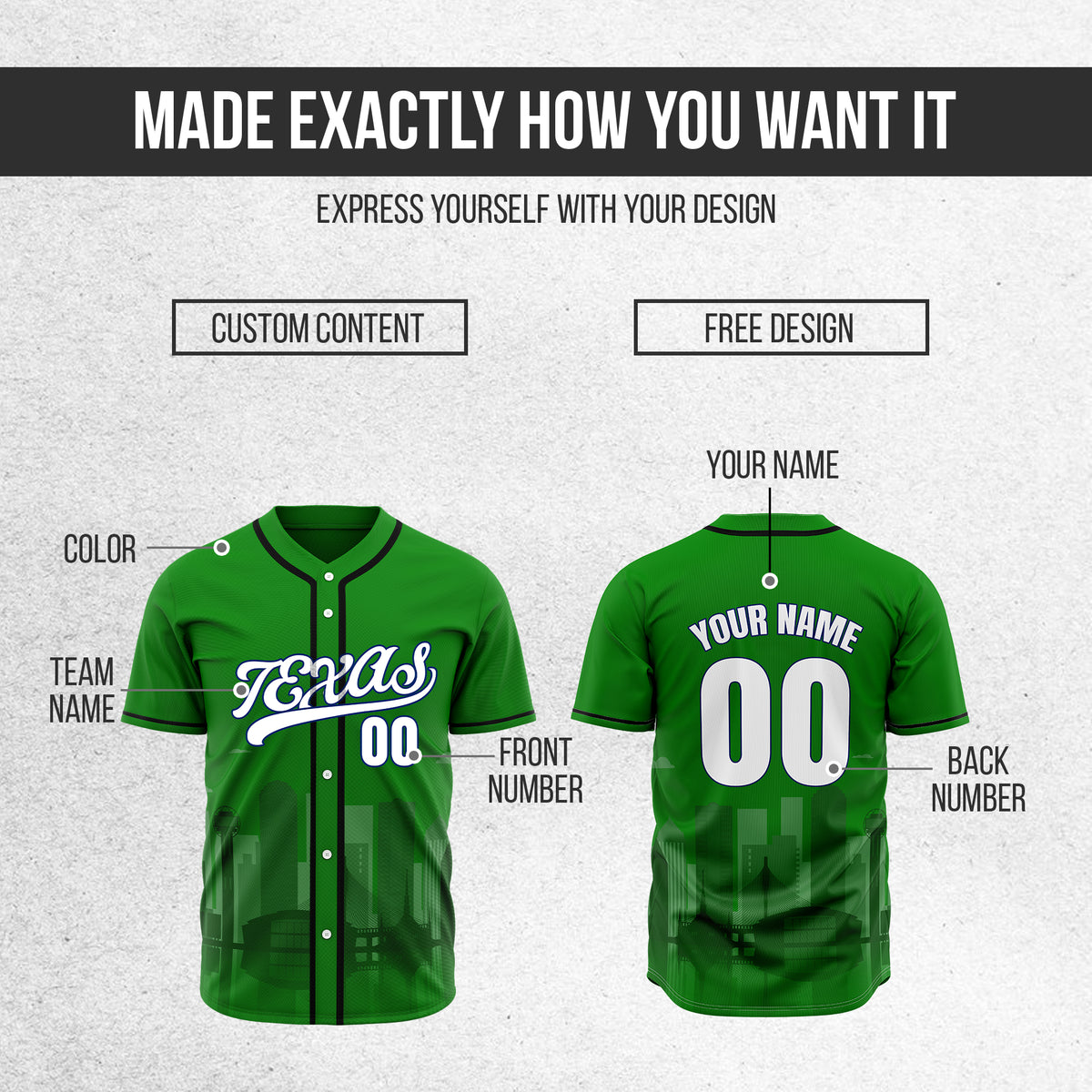 Custom City Lights Green Baseball Sports Jersey Personalized Uniform with Name & Number