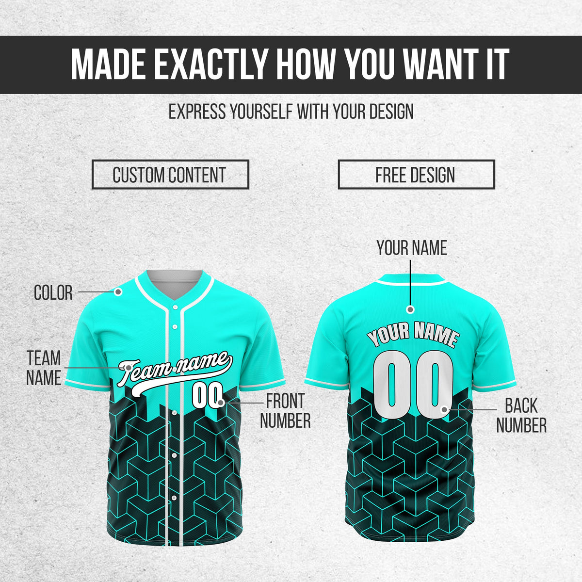Custom Grid Iron Aqua Baseball Sports Jersey Personalized Uniform with Name & Number