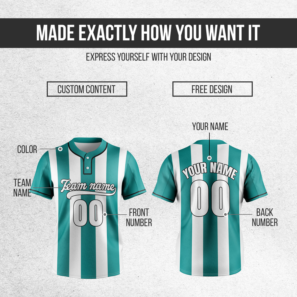 Custom Dual Stripe Teal Baseball Sports Jersey Personalized Uniform with Name & Number