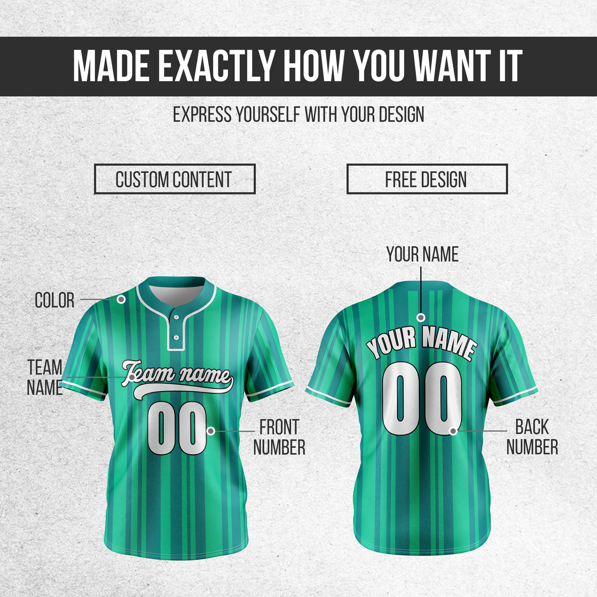 Custom Stripe Fusion Teal Baseball Sports Jersey Personalized Uniform with Name & Number