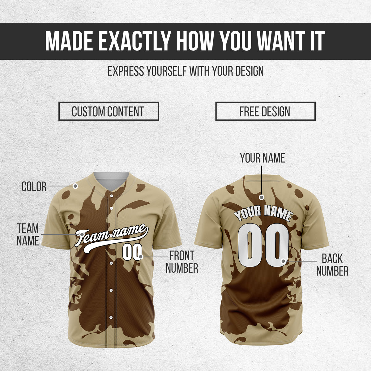 Custom Ink Splash Khaki Baseball Sports Jersey Personalized Uniform with Name & Number