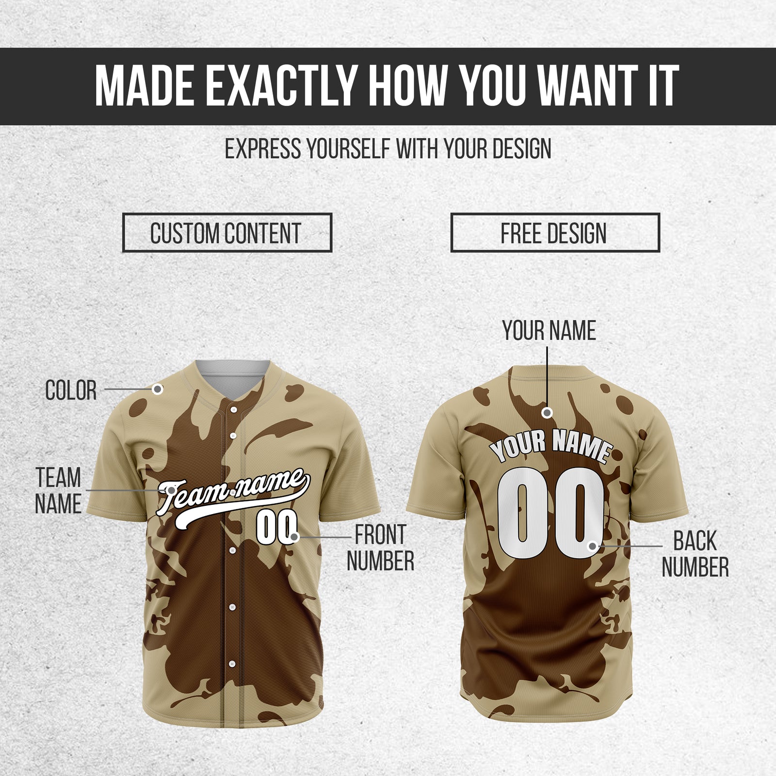 Custom Ink Splash Khaki Baseball Sports Jersey Personalized Uniform with Name & Number