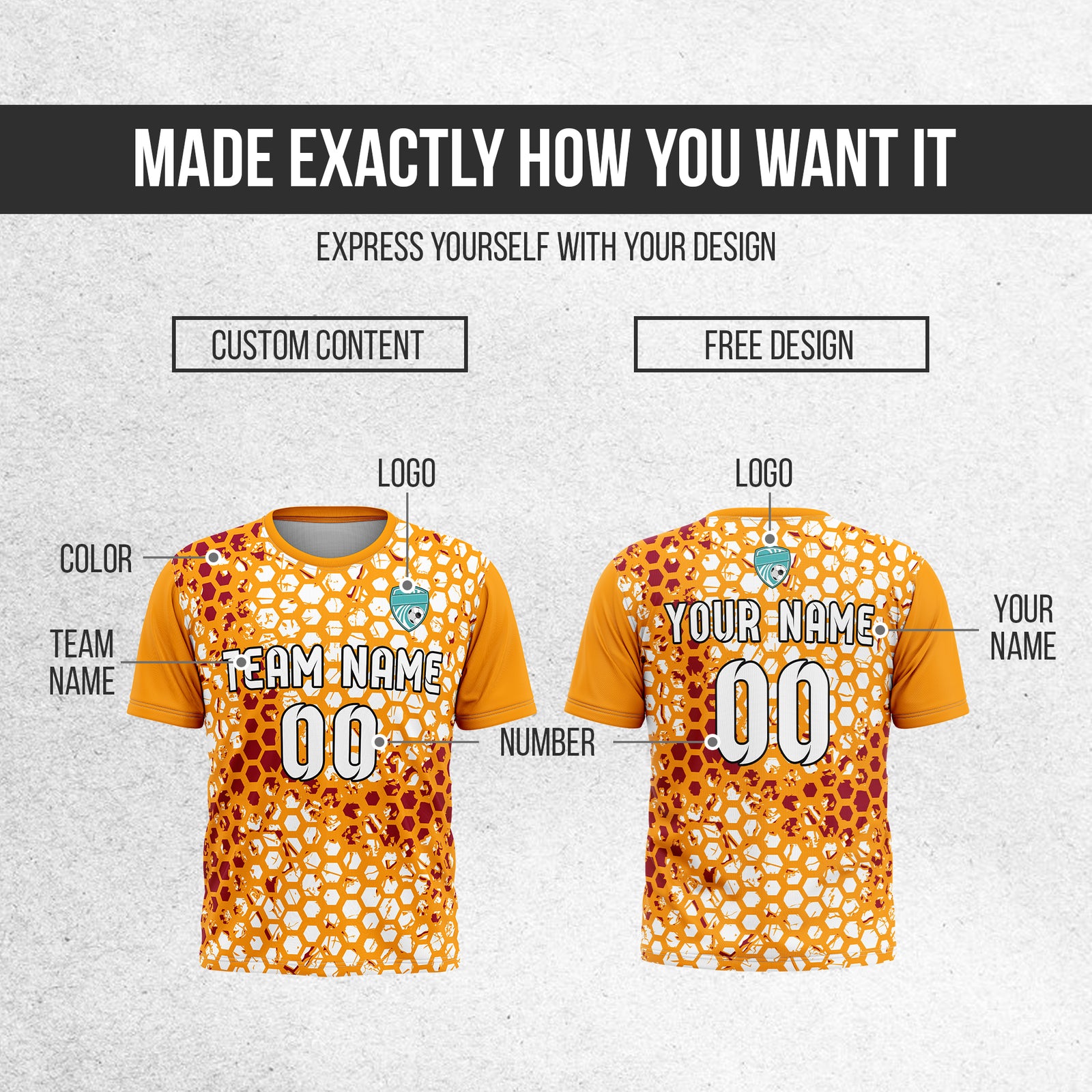 Custom Hex R-Full Pattern Soccer Orange Sport Tops Jersey