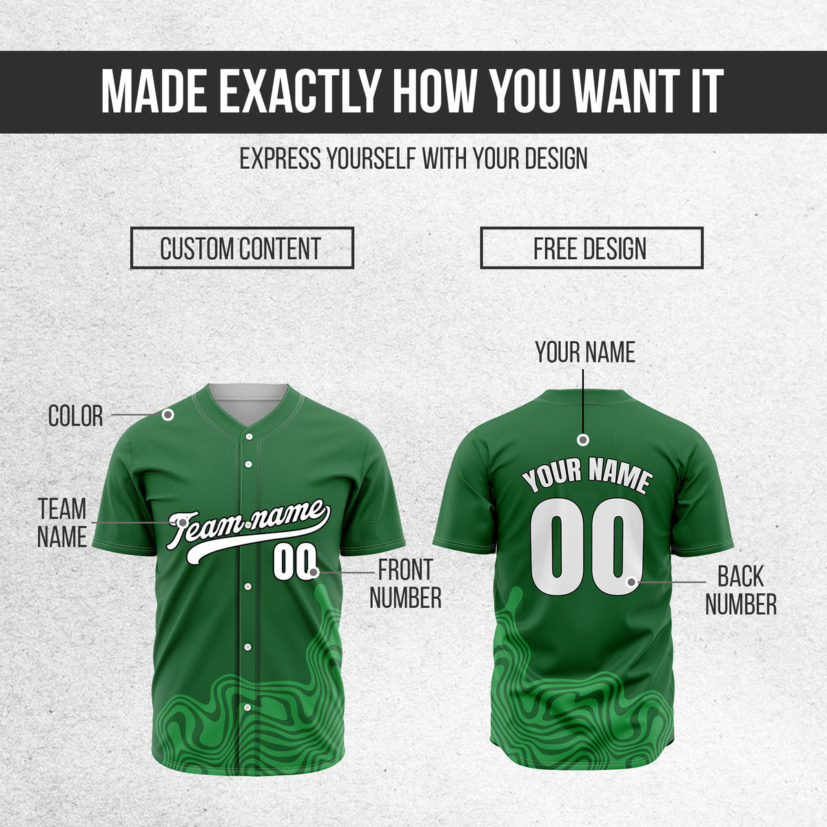 Custom Wave Green Baseball Sport Jersey Personalized Uniform with Name & Number