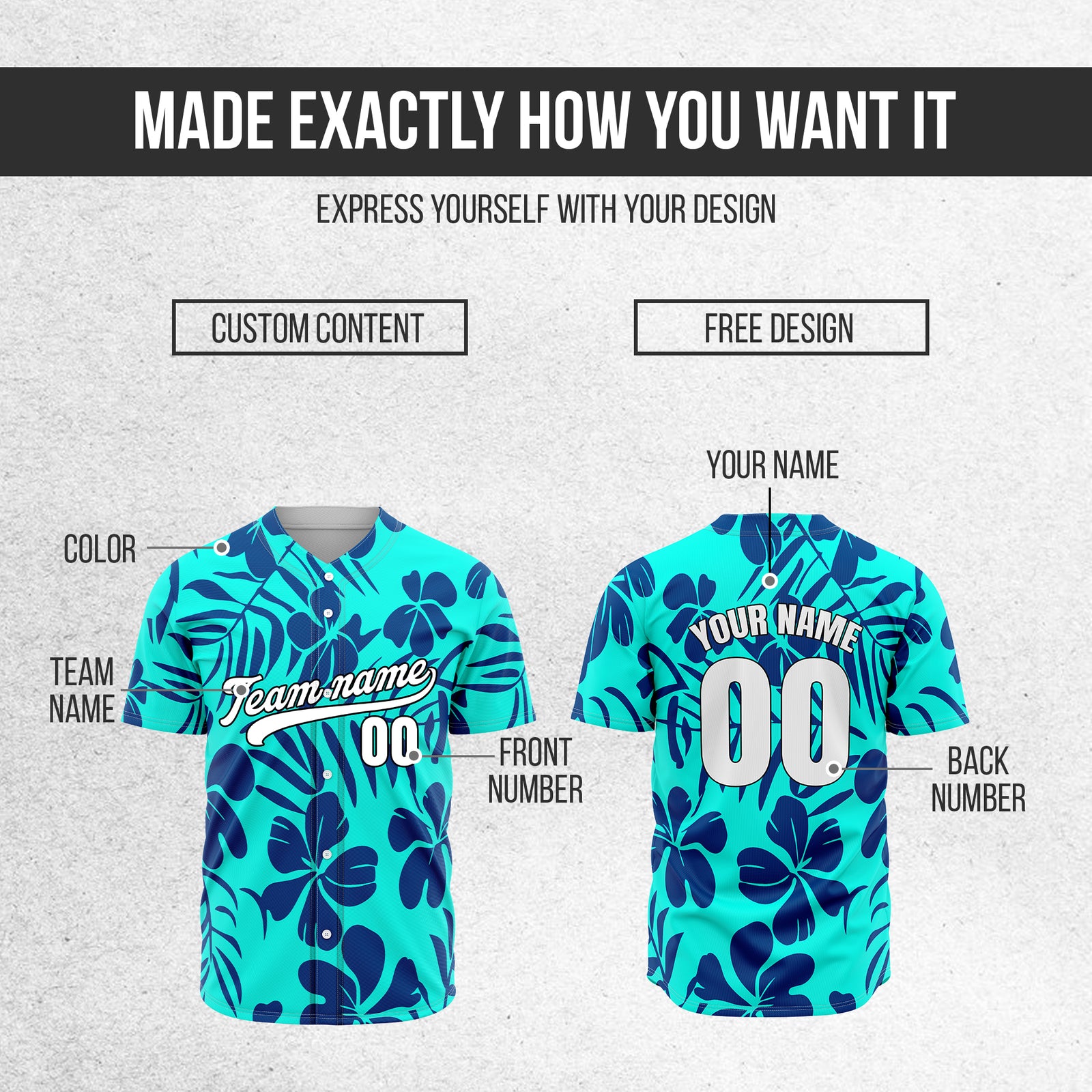 Custom Hawaiian Aqua Baseball Sports Jersey Personalized Uniform with Name & Number