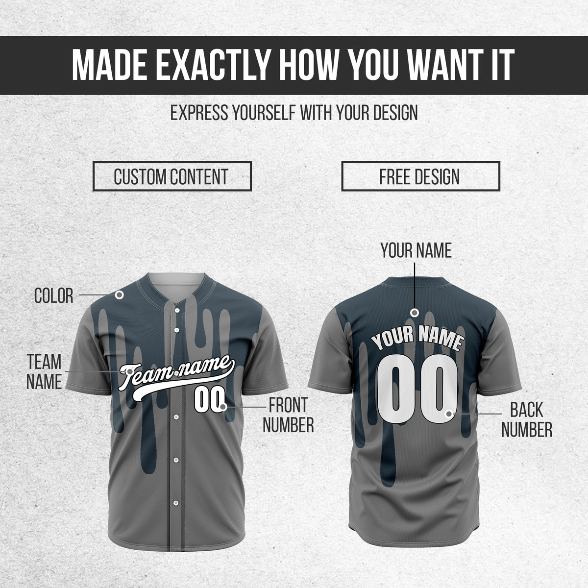 Custom Ink Drip Grey Sports Jersey Personalized Uniform with Name & Number