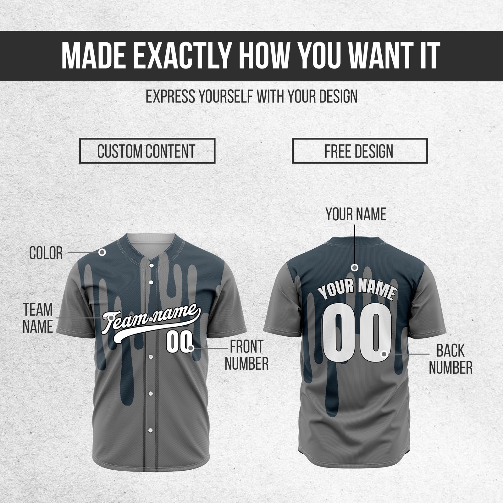Custom Ink Drip Grey Sports Jersey Personalized Uniform with Name & Number