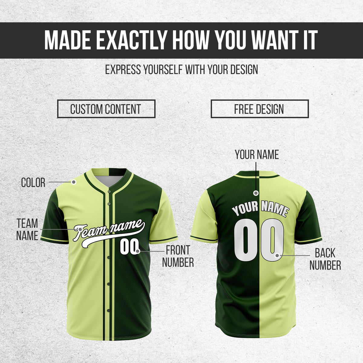 Custom Split Baseball Green Sports Jersey Personalized Uniform with Name & Number