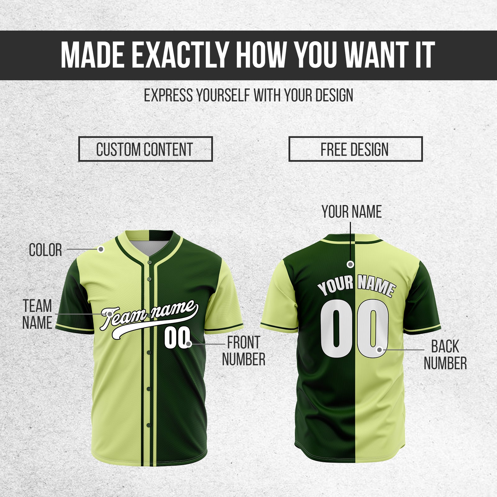 Custom Split Baseball Green Sports Jersey Personalized Uniform with Name & Number
