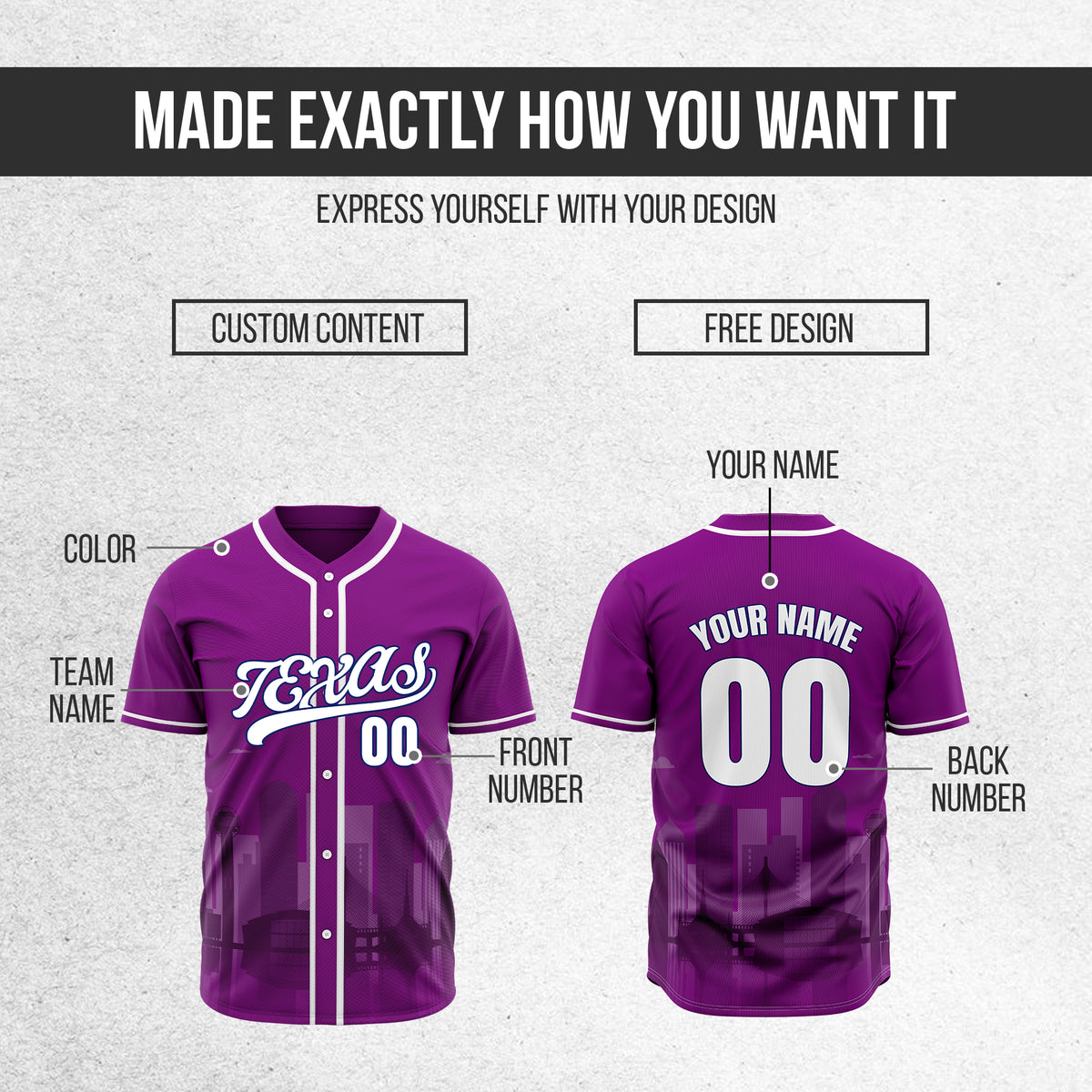 Custom City Lights Purple Baseball Sports Jersey Personalized Uniform with Name & Number