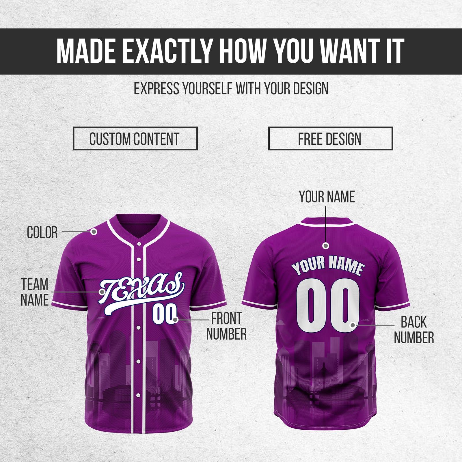 Custom City Lights Purple Baseball Sports Jersey Personalized Uniform with Name & Number