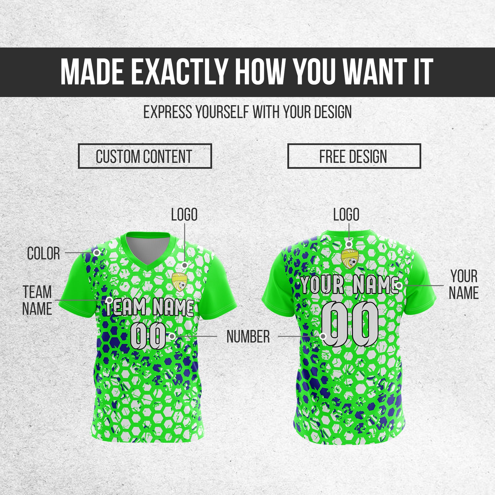 Custom Hex V-Full Pattern Neon Green Soccer sport Tops Jersey