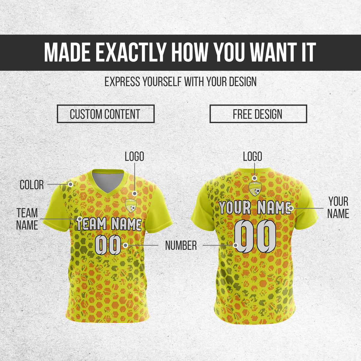 Custom Hex V-Full Pattern Yellow Soccer sport Tops Jersey