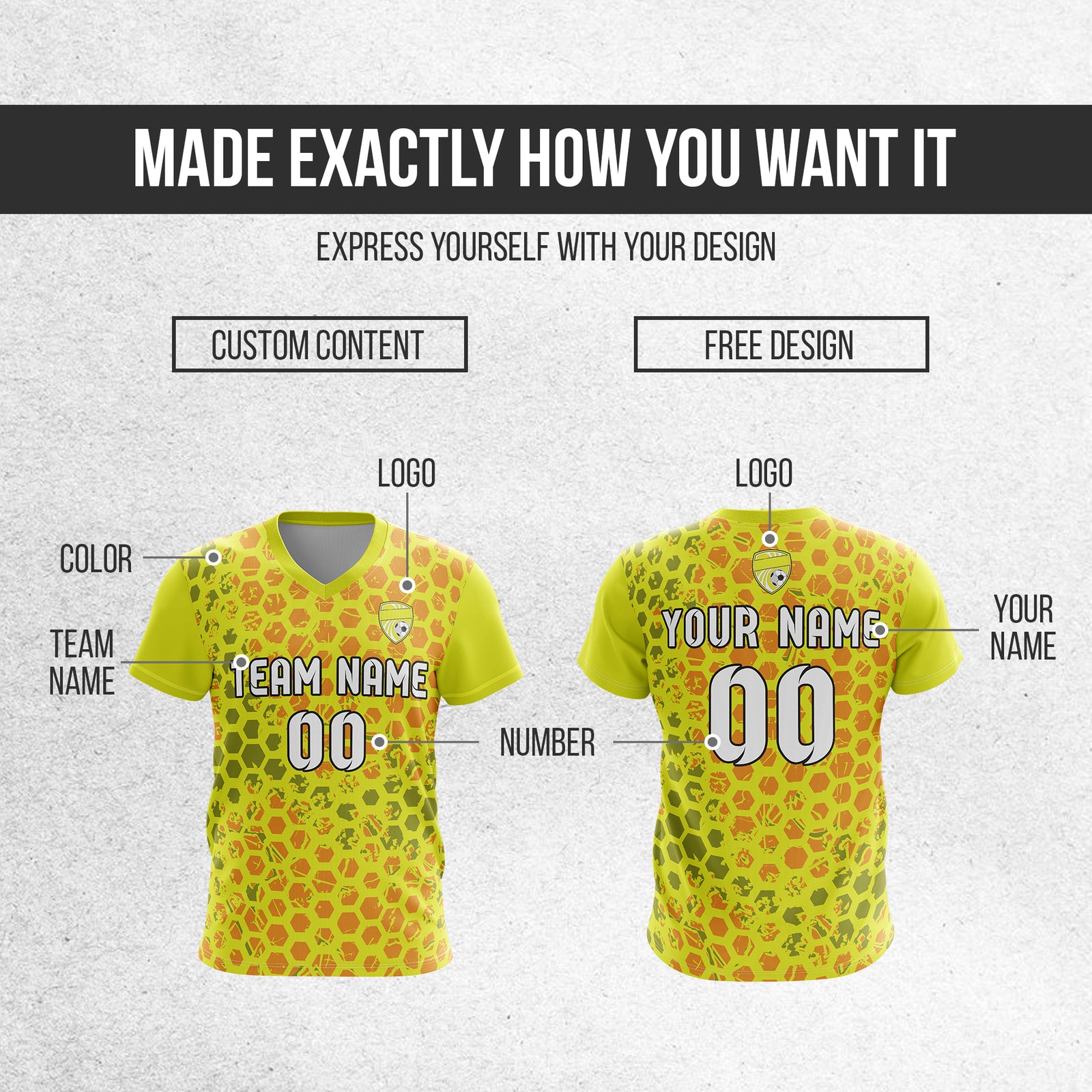 Custom Hex V-Full Pattern Yellow Soccer sport Tops Jersey