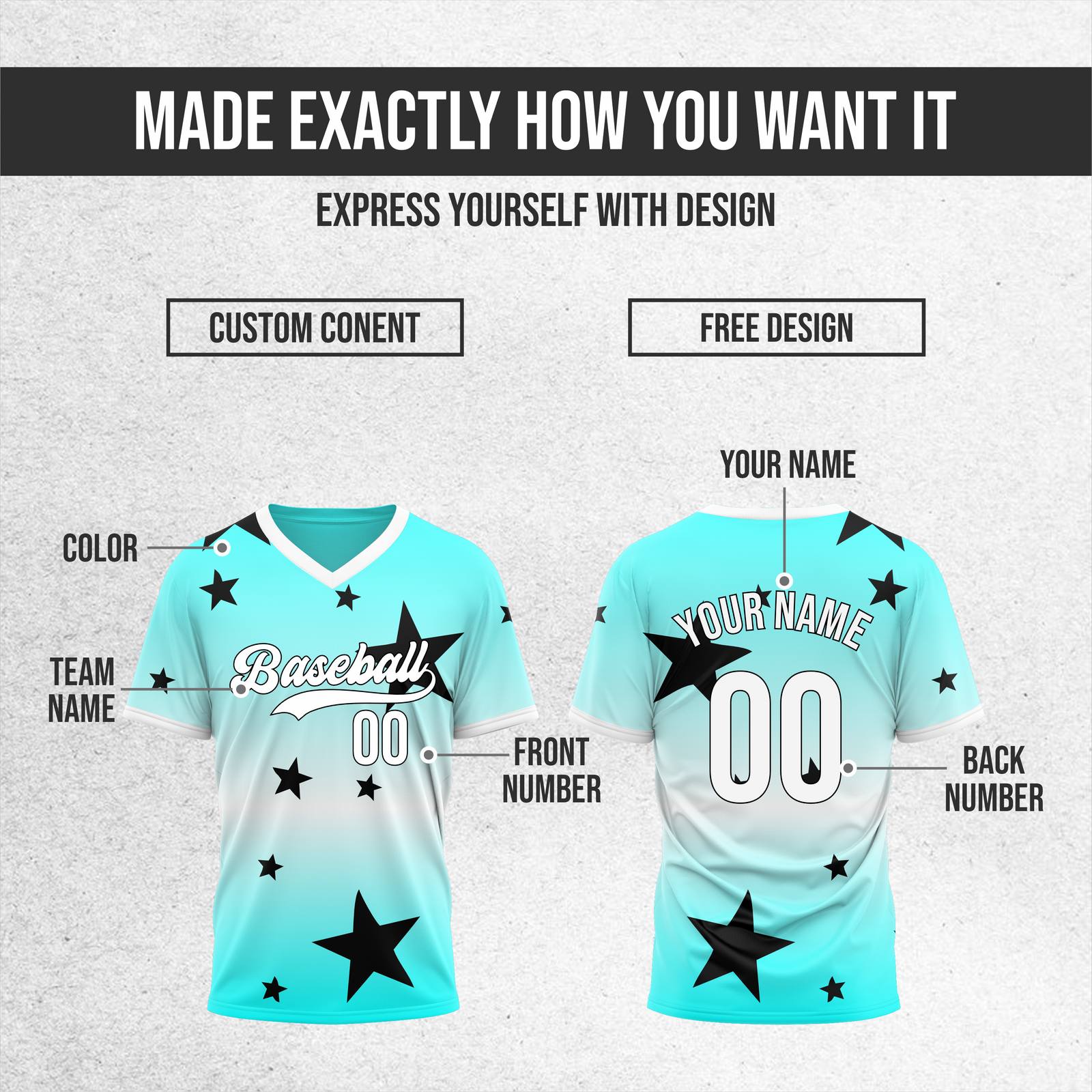 Custom Starfall Gradient Baseball Aqua Sports Jersey Personalized Uniform with Name & Number