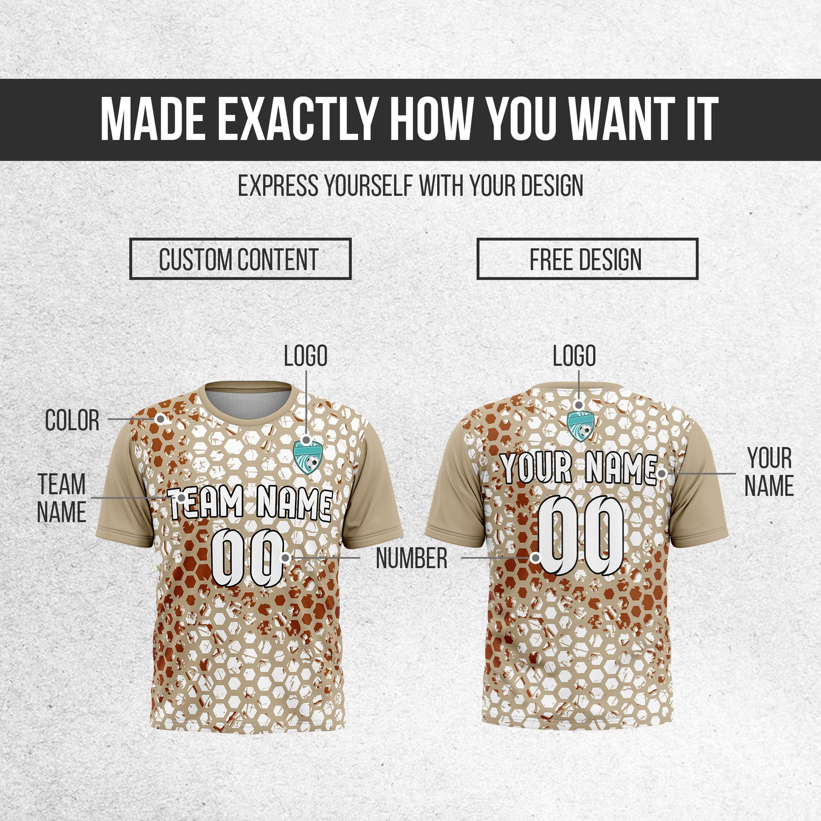 Custom Hex R-Full Pattern Soccer khaki Sport Tops Jersey