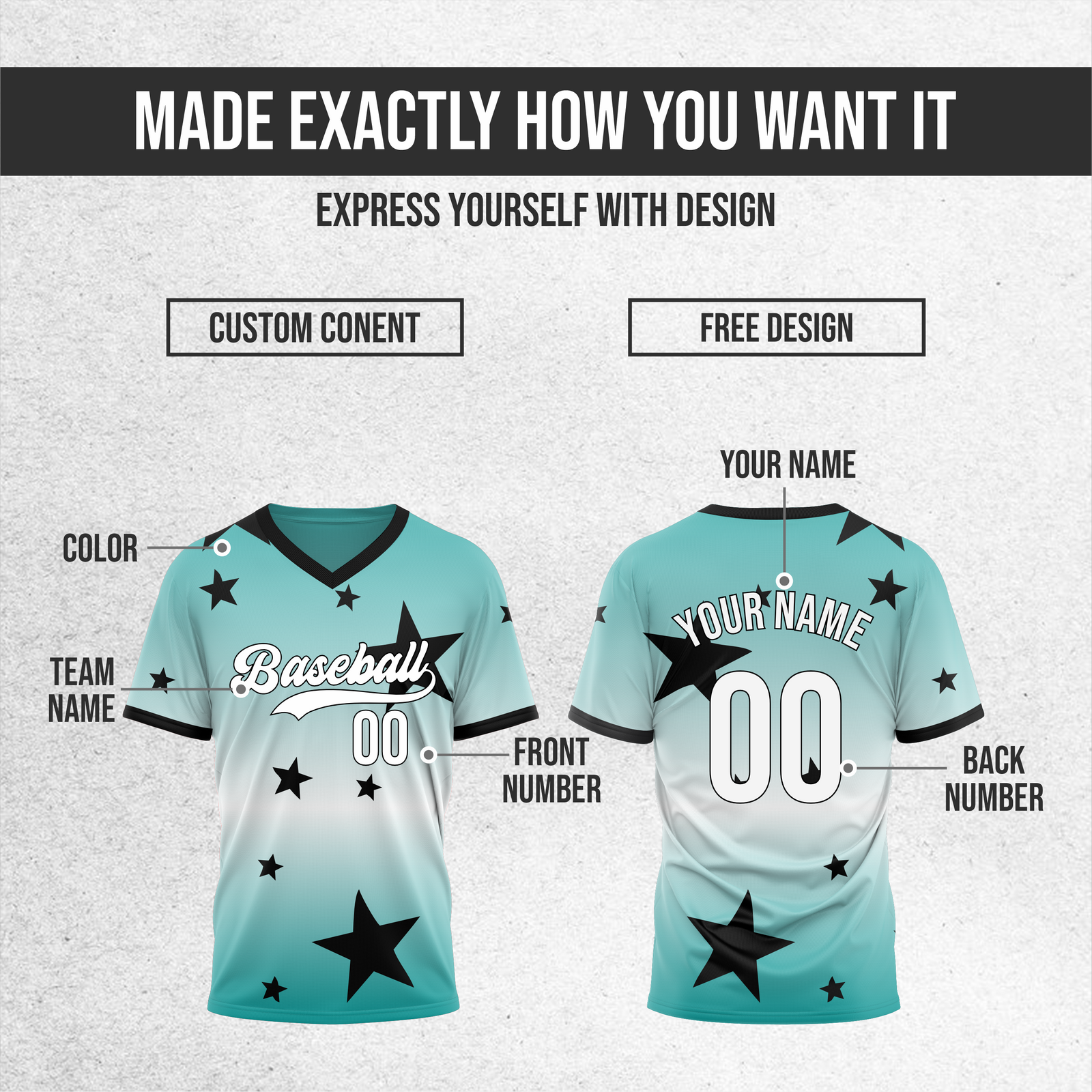 Custom Starfall Gradient Baseball Teal Sports Jersey Personalized Uniform with Name & Number