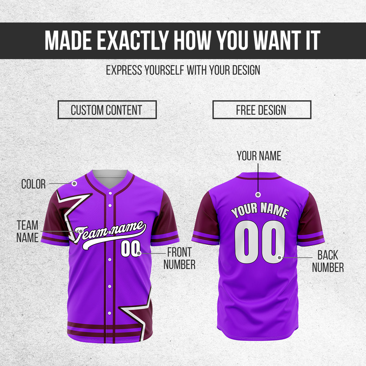 Custom Star Classic Baseball Purple Sports Jersey Personalized Uniform with Name & Number