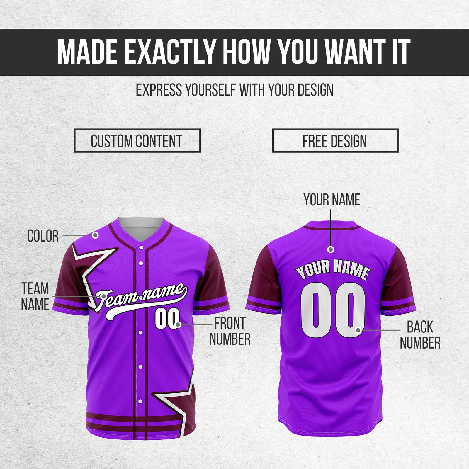 Custom Star Classic Baseball Purple Sports Jersey Personalized Uniform with Name & Number