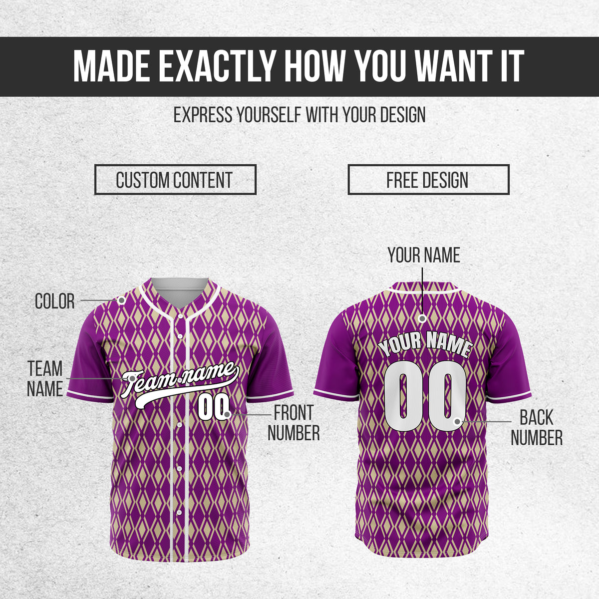Custom Rhombic Edge Purple Baseball Sports Jersey Personalized Uniform with Name & Number