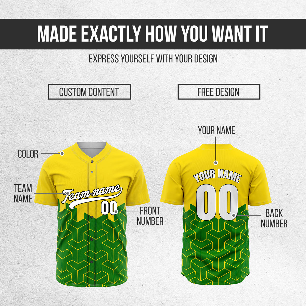Custom Grid Iron Yellow Baseball Sports Jersey Personalized Uniform with Name & Number
