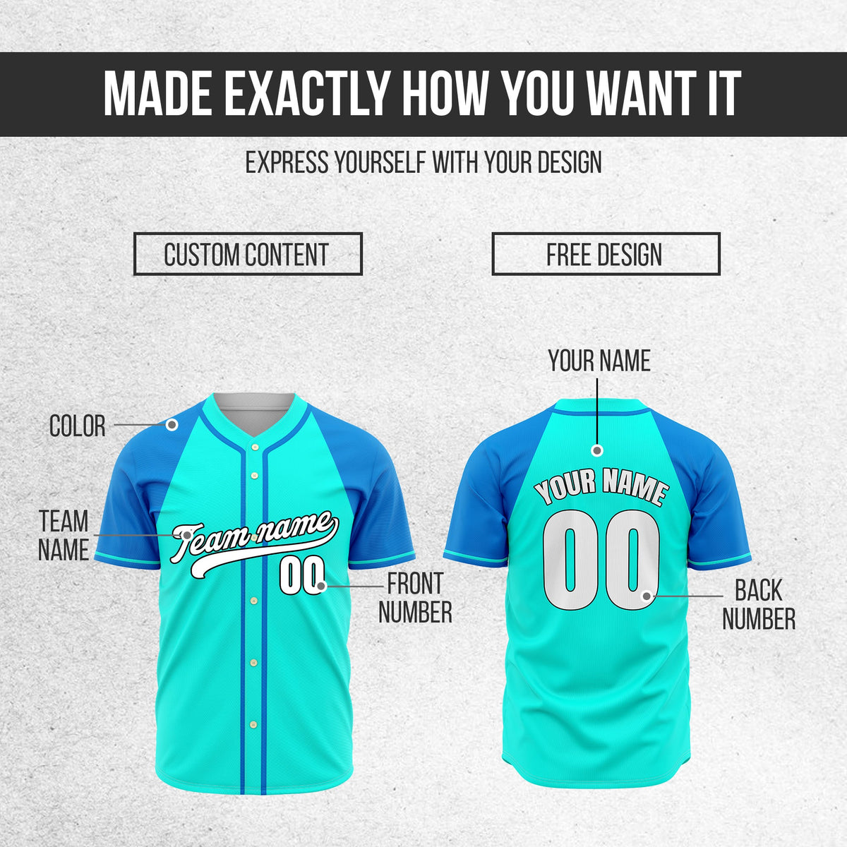 Custom Desert Blaze Aqua Raglan Style Baseball Sports Jersey Personalized Uniform with Name & Number