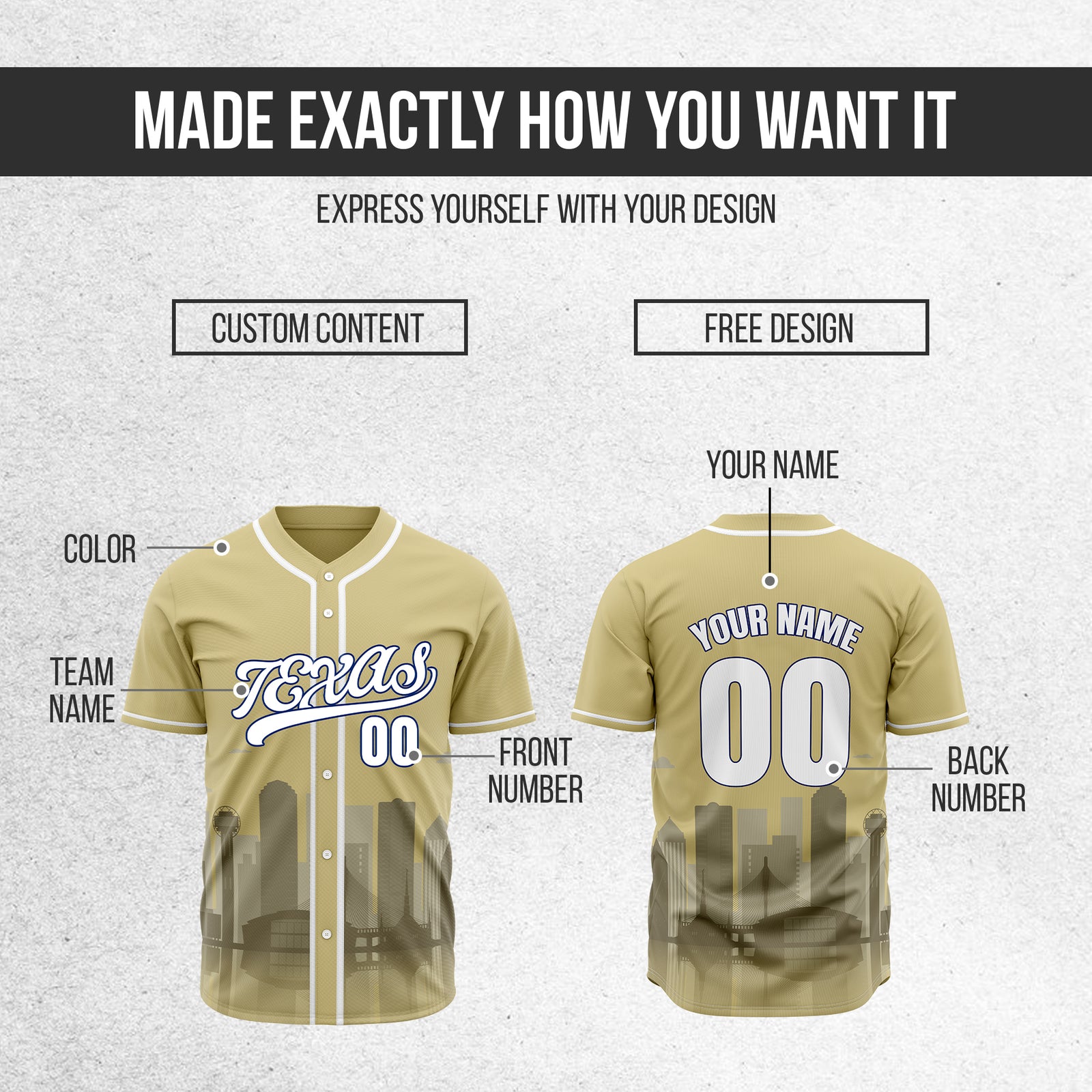Custom City Lights Khaki Baseball Sports Jersey Personalized Uniform with Name & Number